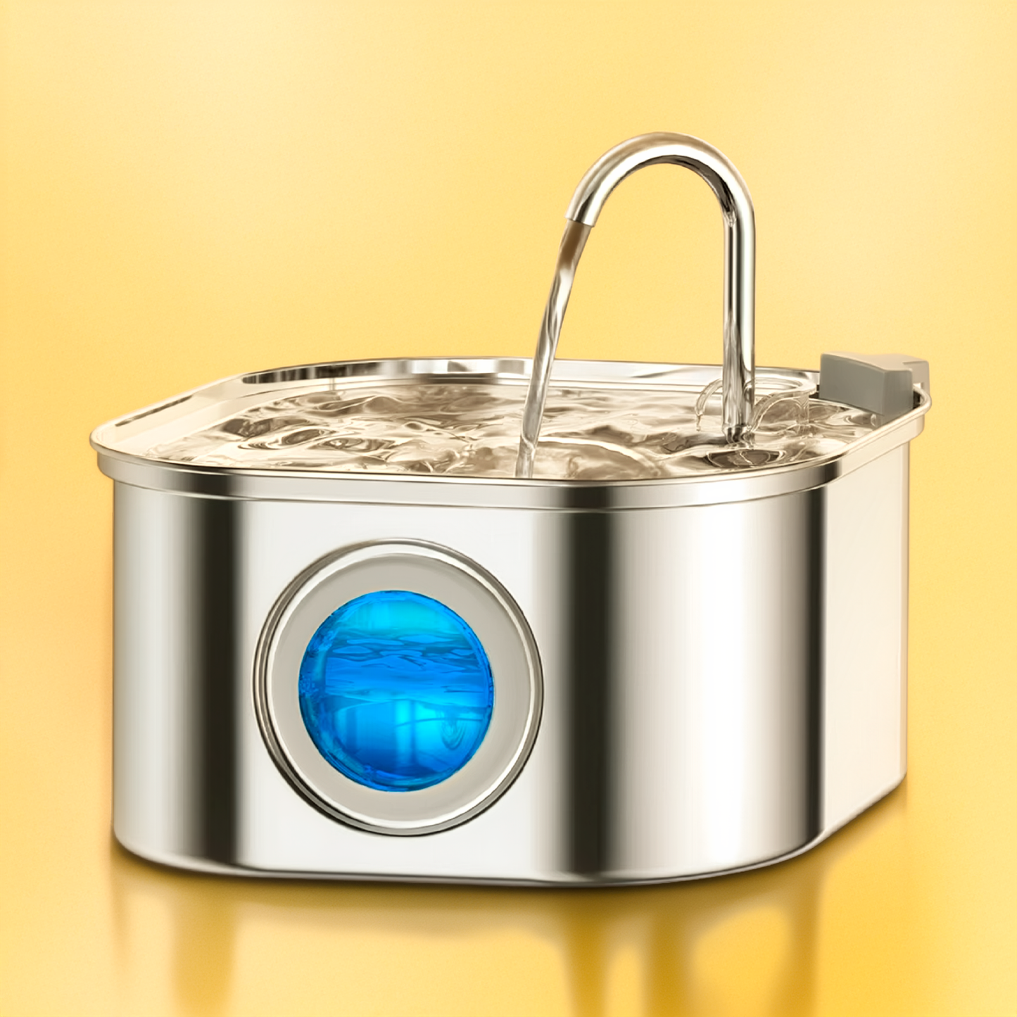 Stainless steel pet water fountain with blue light on a yellow background