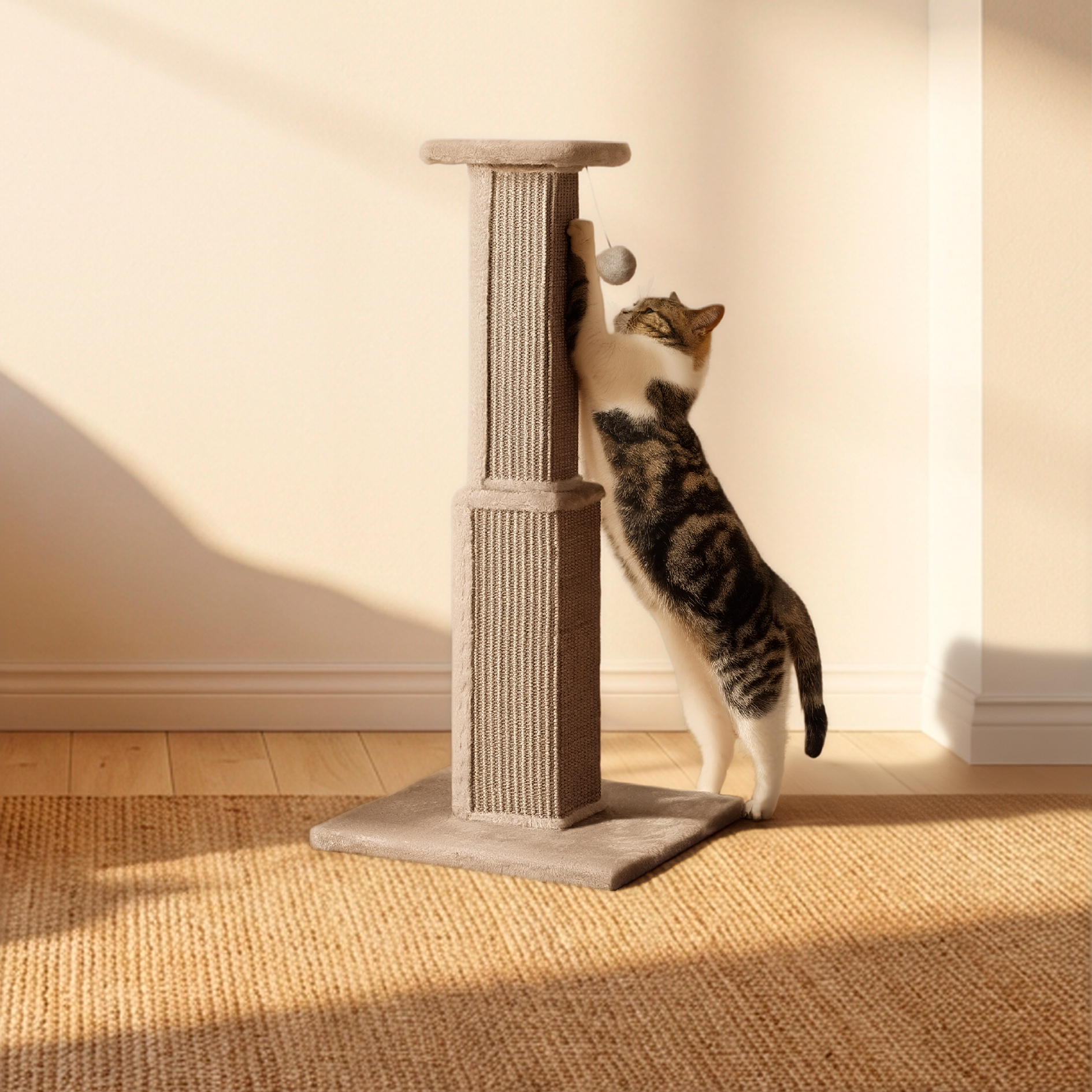 Cat playing with a ball on a cat scratching post in a sunlit room