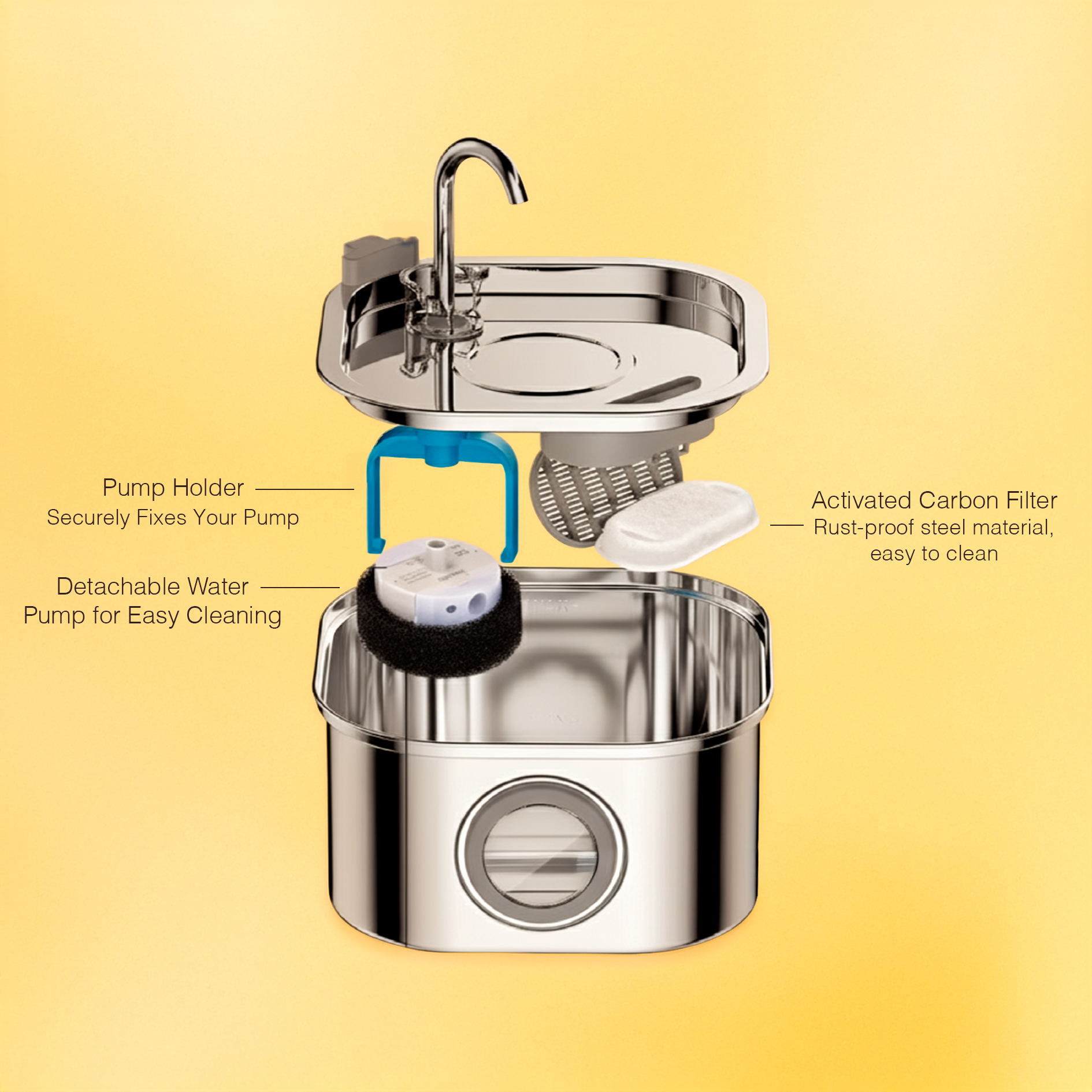 Stainless steel water filter with pump on a yellow background