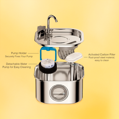 Stainless steel water filter with pump on a yellow background