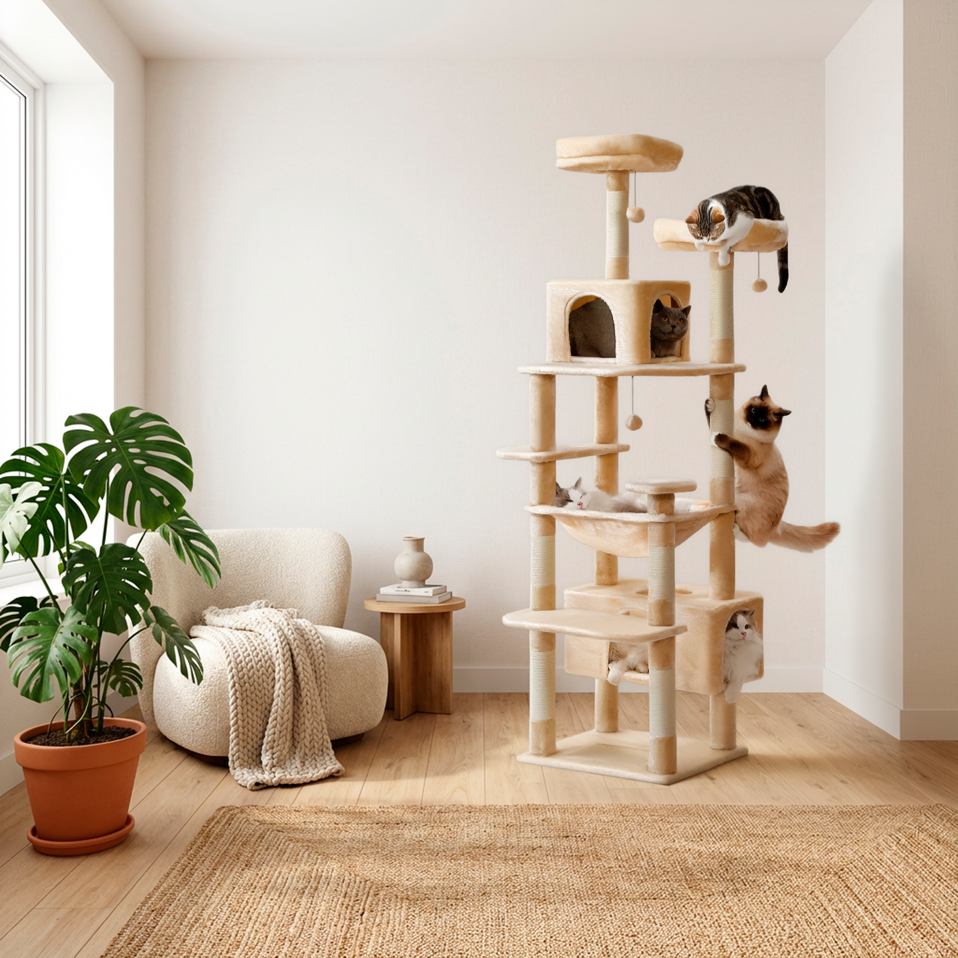 Cat tree with multiple cats in a room with a plant and chair.