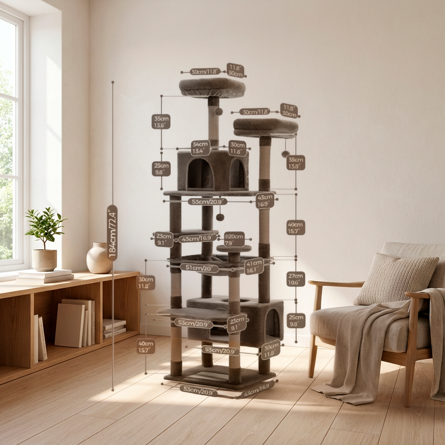 Cat tree with measurement labels in a room with a window, bookshelf, and armchair.