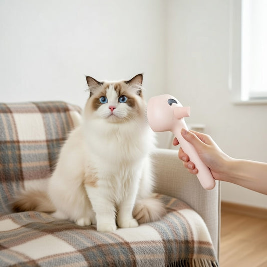 Cat sitting on a plaid chair with a hand holding a pink cat brush.