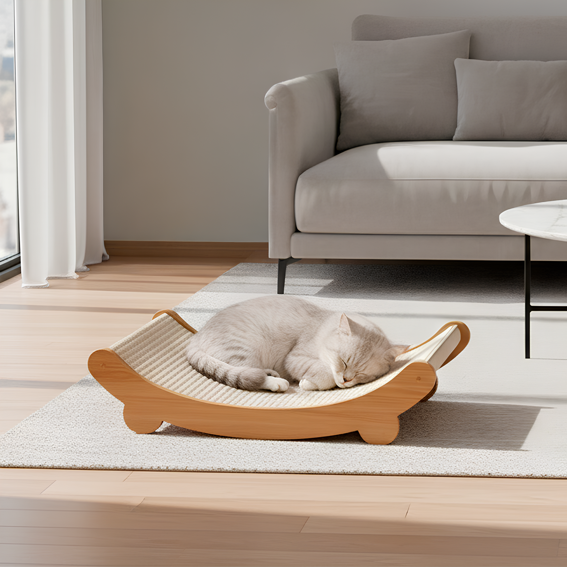Cat sleeping on a wooden cat scratch board in a modern living room.