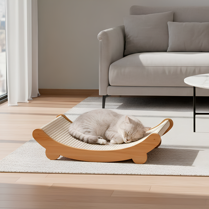 Cat sleeping on a wooden cat scratch board in a modern living room.