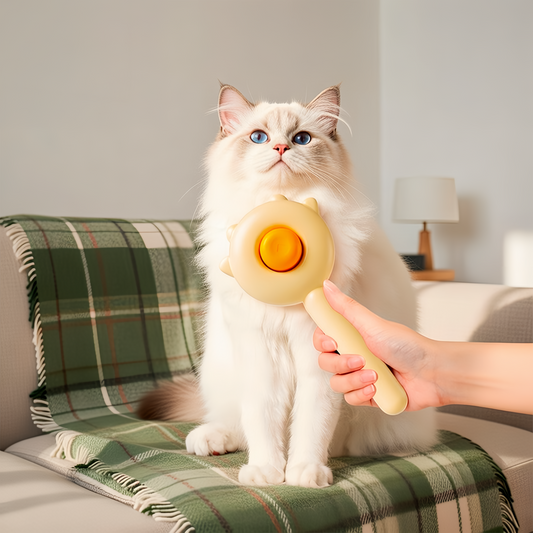 Cat playing with a cat brush by a person on a couch