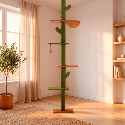 Cat tree in a room with a plant and shelves