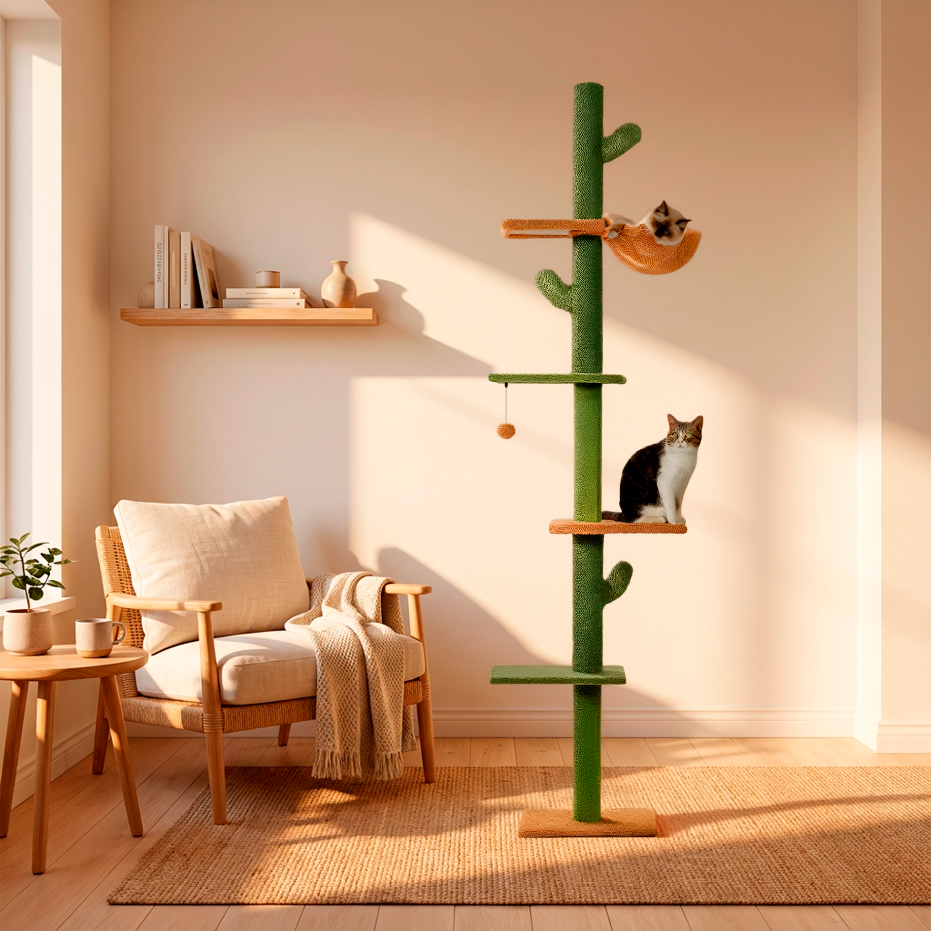 Green cat tree with multiple levels in a living room setting