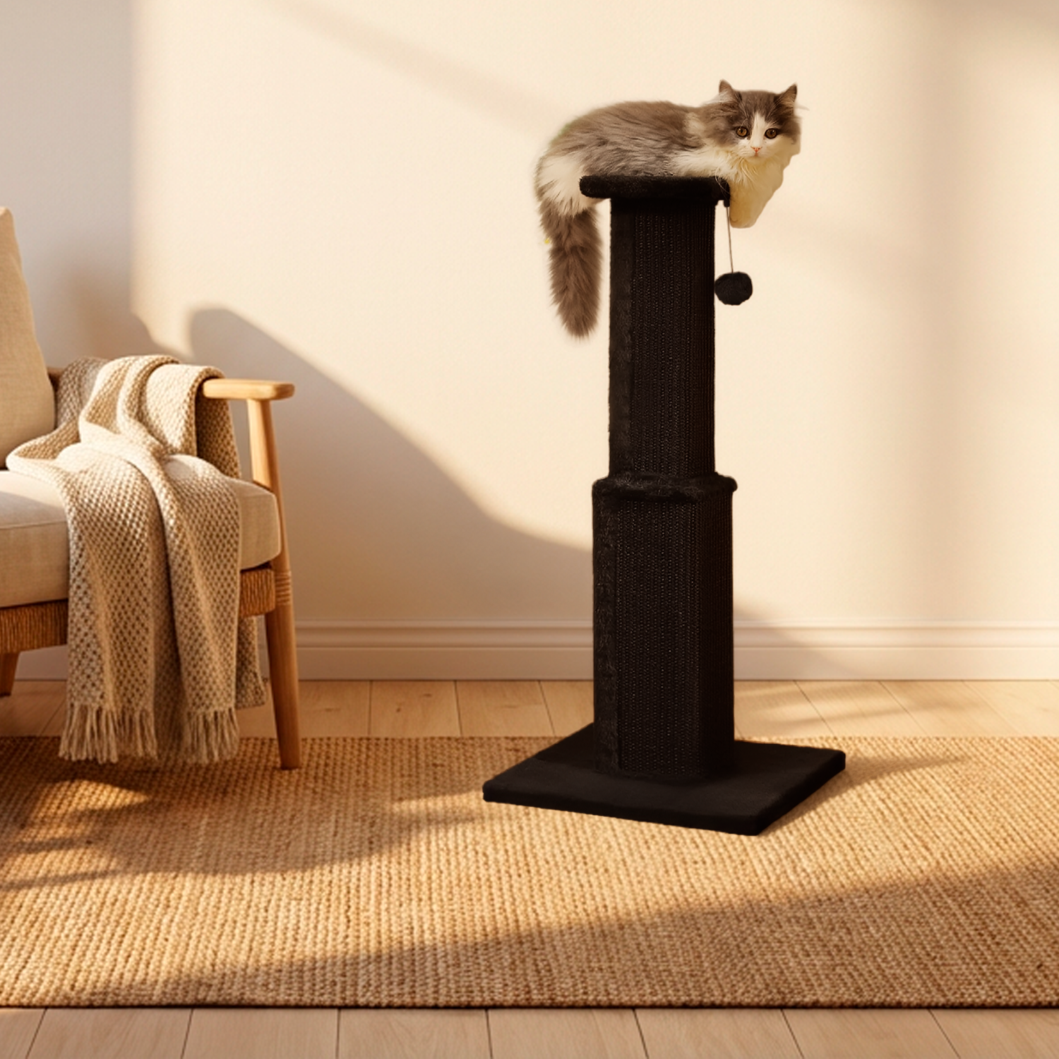 Cat sitting on a black cat scratching post in a room with a couch and rug.
