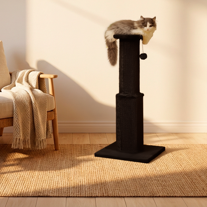 Cat sitting on a black cat scratching post in a room with a couch and rug.