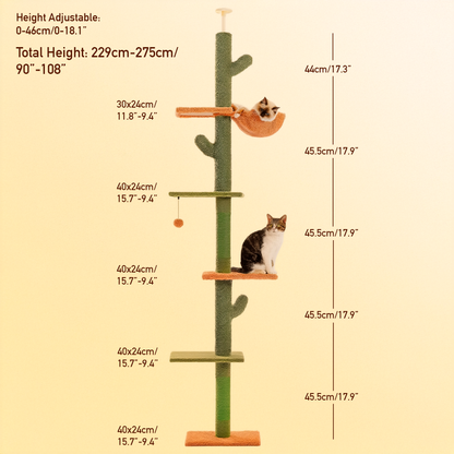 Cat tree with dimensions and two cats on it against a beige background