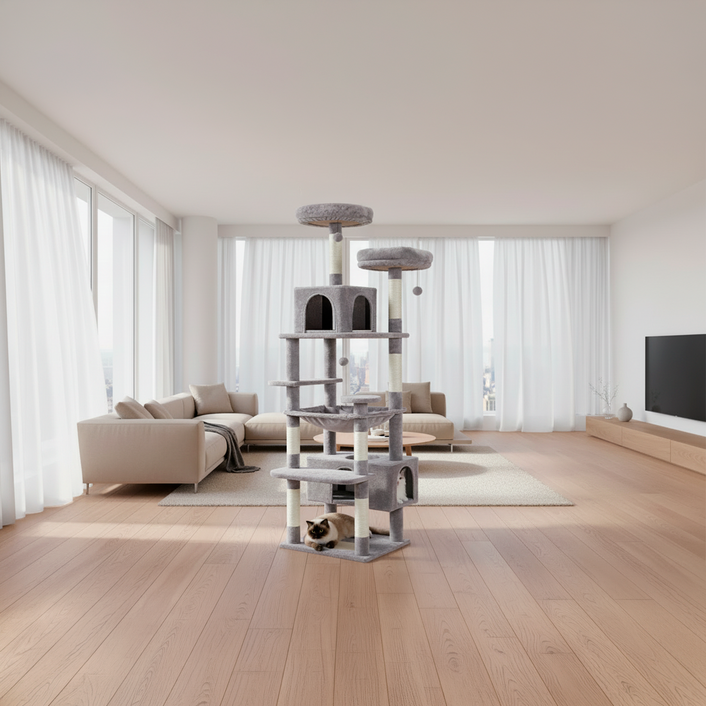Cat tree in a modern living room with light wood flooring and white curtains.