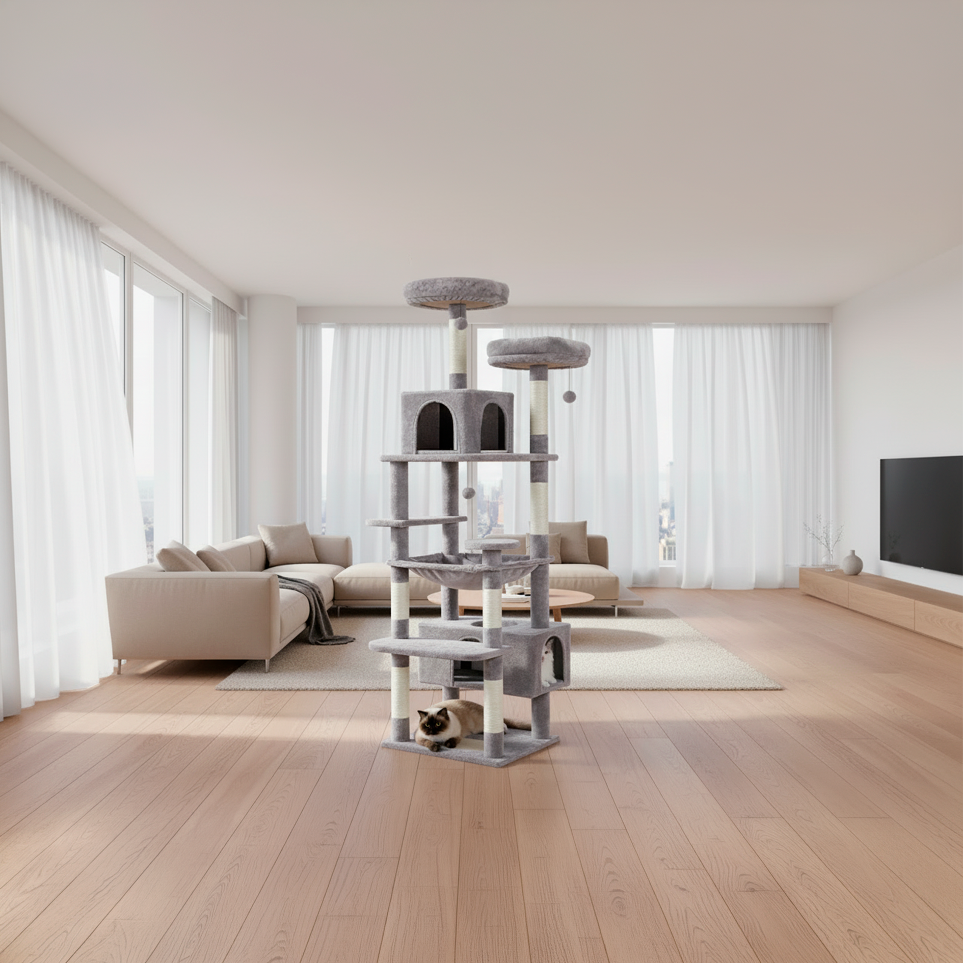 Cat tree in a modern living room with light wood flooring and white curtains.