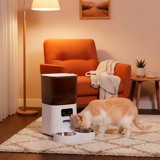 Cat eating from a pet feeder in a cozy living room.