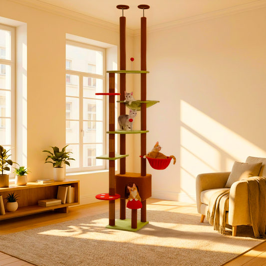 Cat tree with multiple levels and perches in a bright living room.