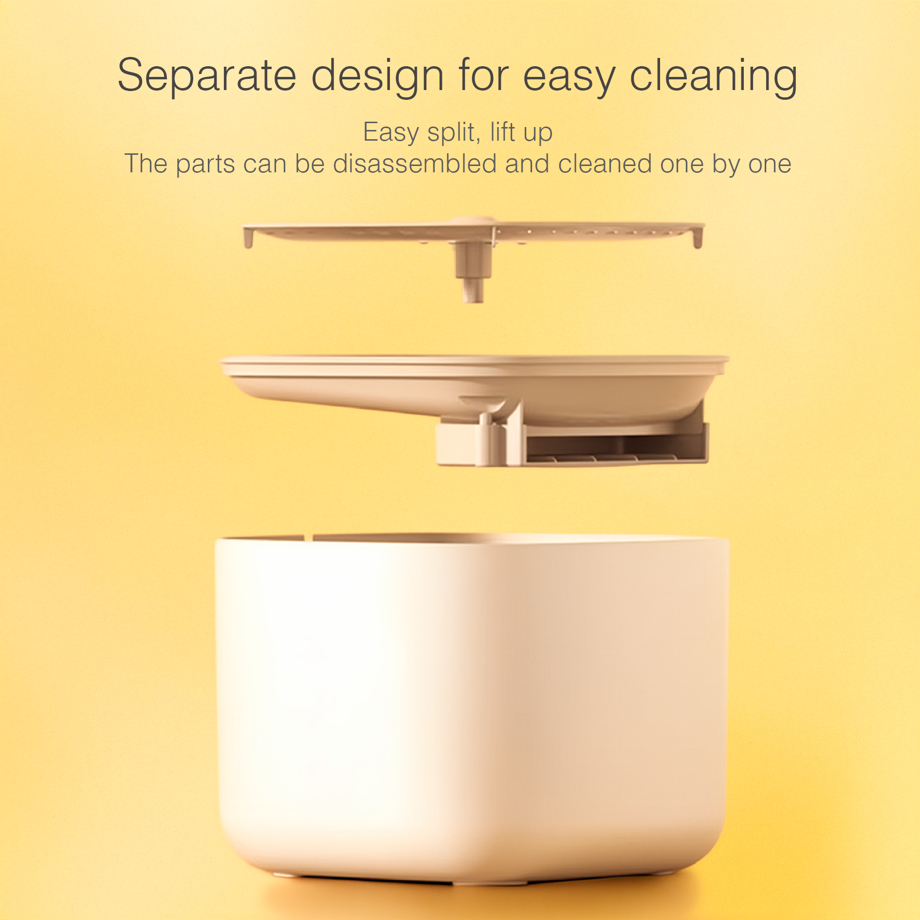 A pet water fountain with a detachable part on a yellow background, highlighting ease of cleaning.