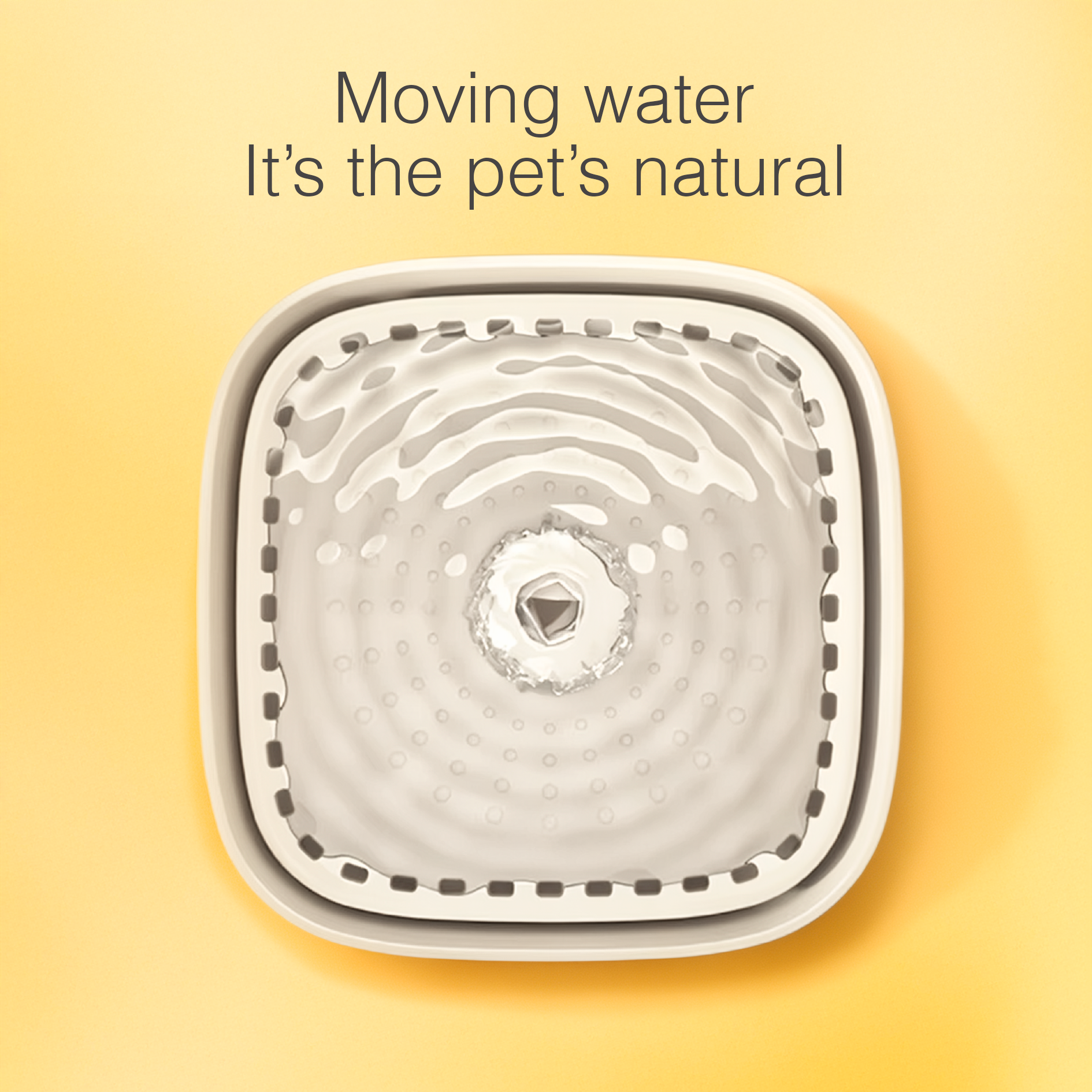 Pet water fountain with text 'Moving water, it's the pet's natural' on a yellow background