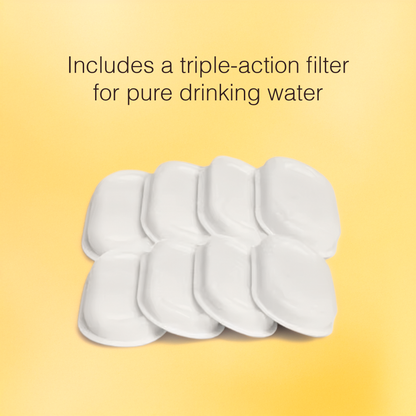 White filter cartridges on a yellow background with text about a triple-action filter for pure drinking water.