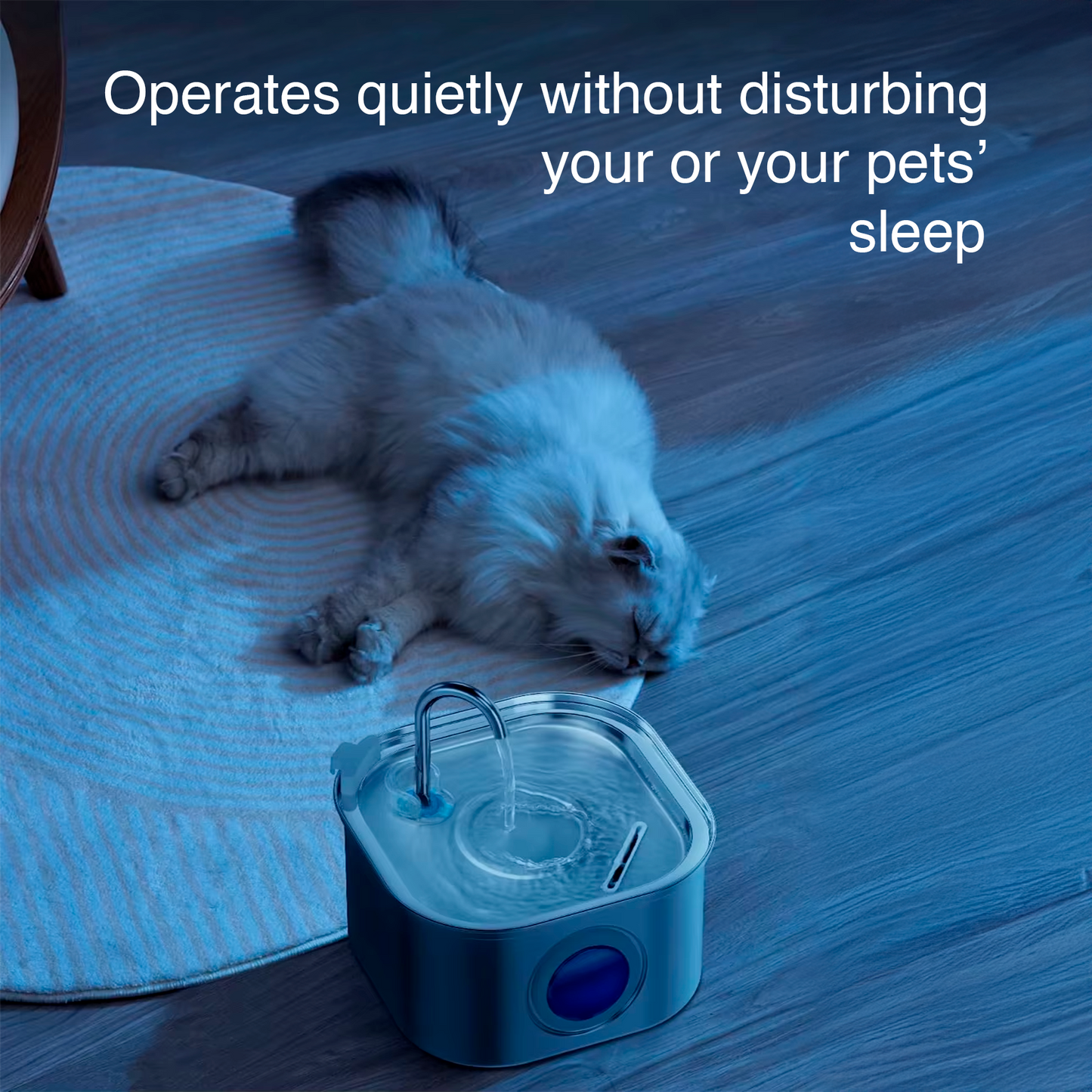 Cat lying on a mat next to a pet water fountain with text about quiet operation.