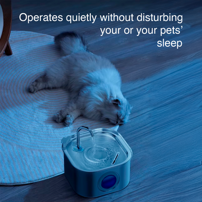 Cat lying on a mat next to a pet water fountain with text about quiet operation.