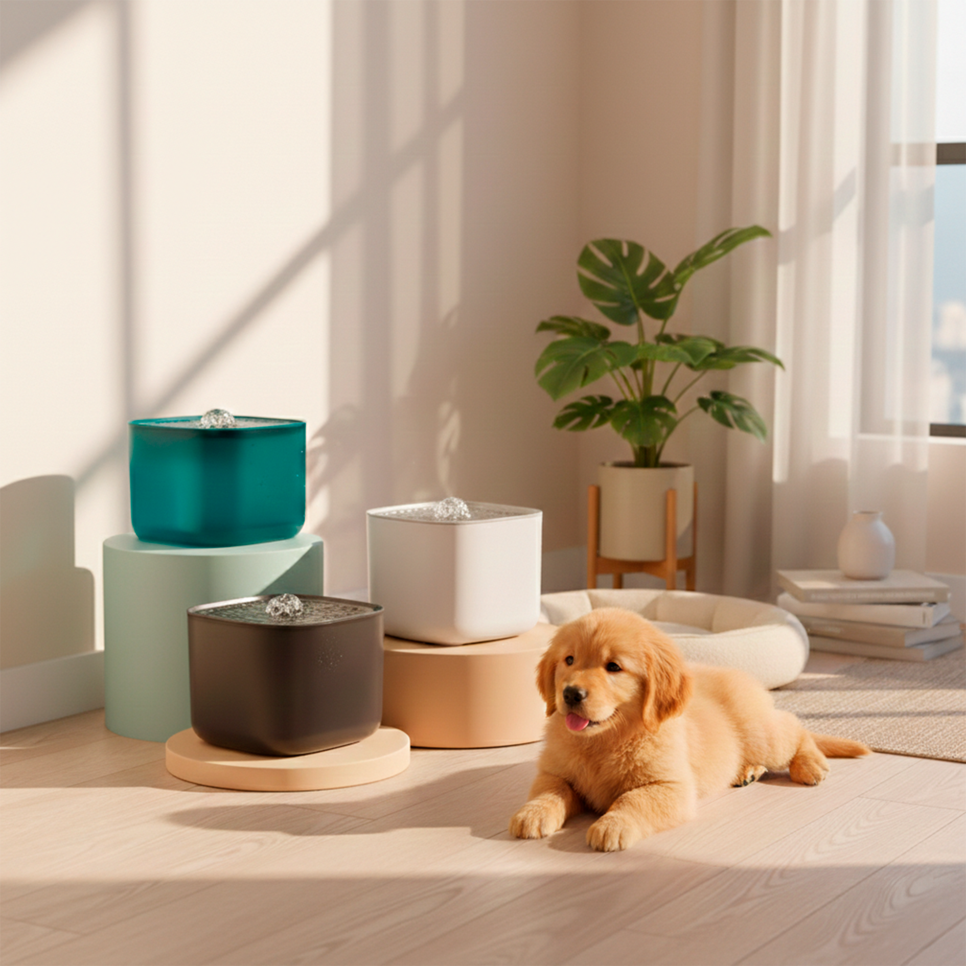 Puppy lying on a wooden floor with pet bowls and a plant in a bright room.