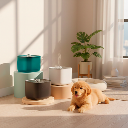 Puppy lying on a wooden floor with pet bowls and a plant in a bright room.