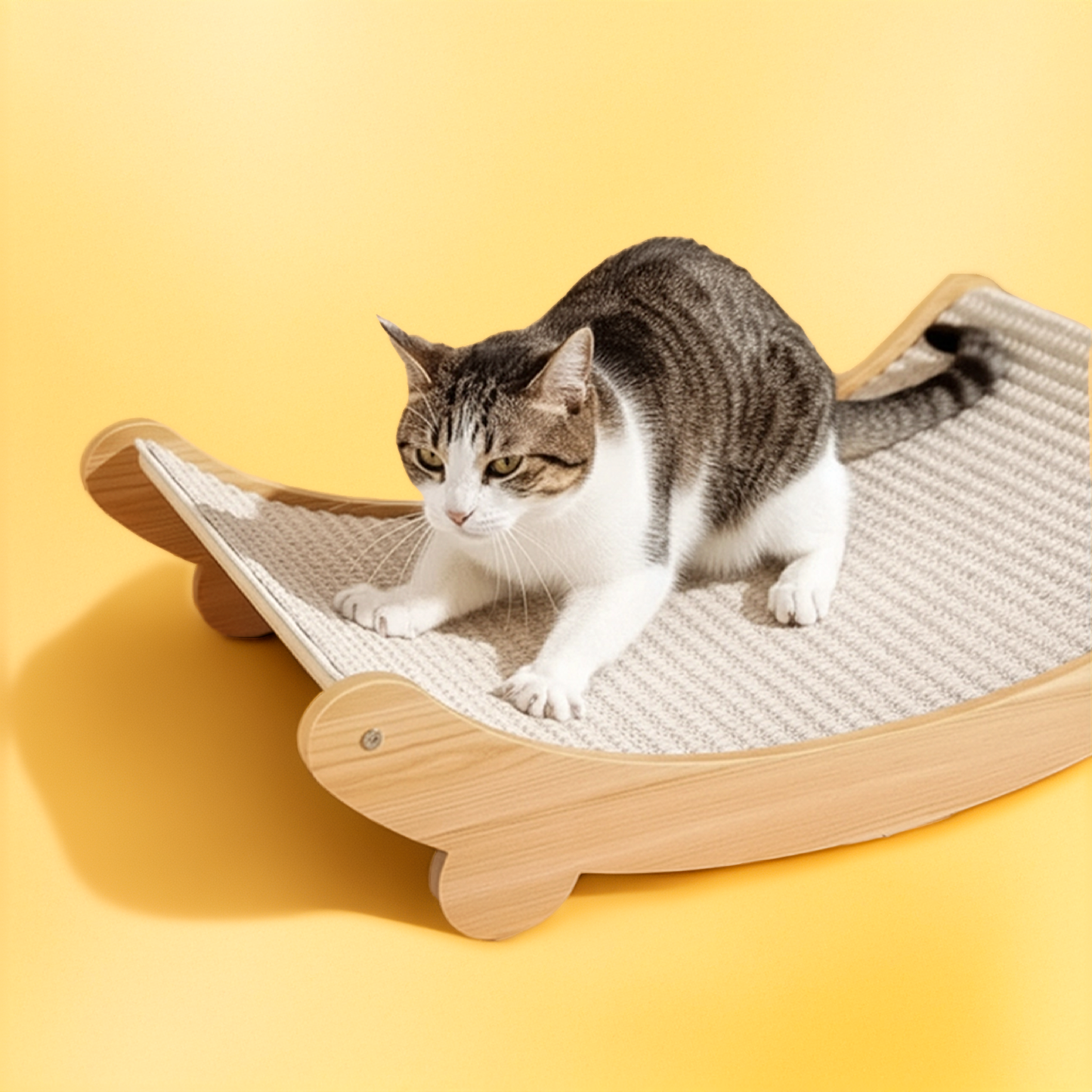 Cat on a wooden and cardboard cat scratcher against a yellow background