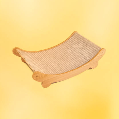 Wooden pet scratching board with sisal surface on a yellow background