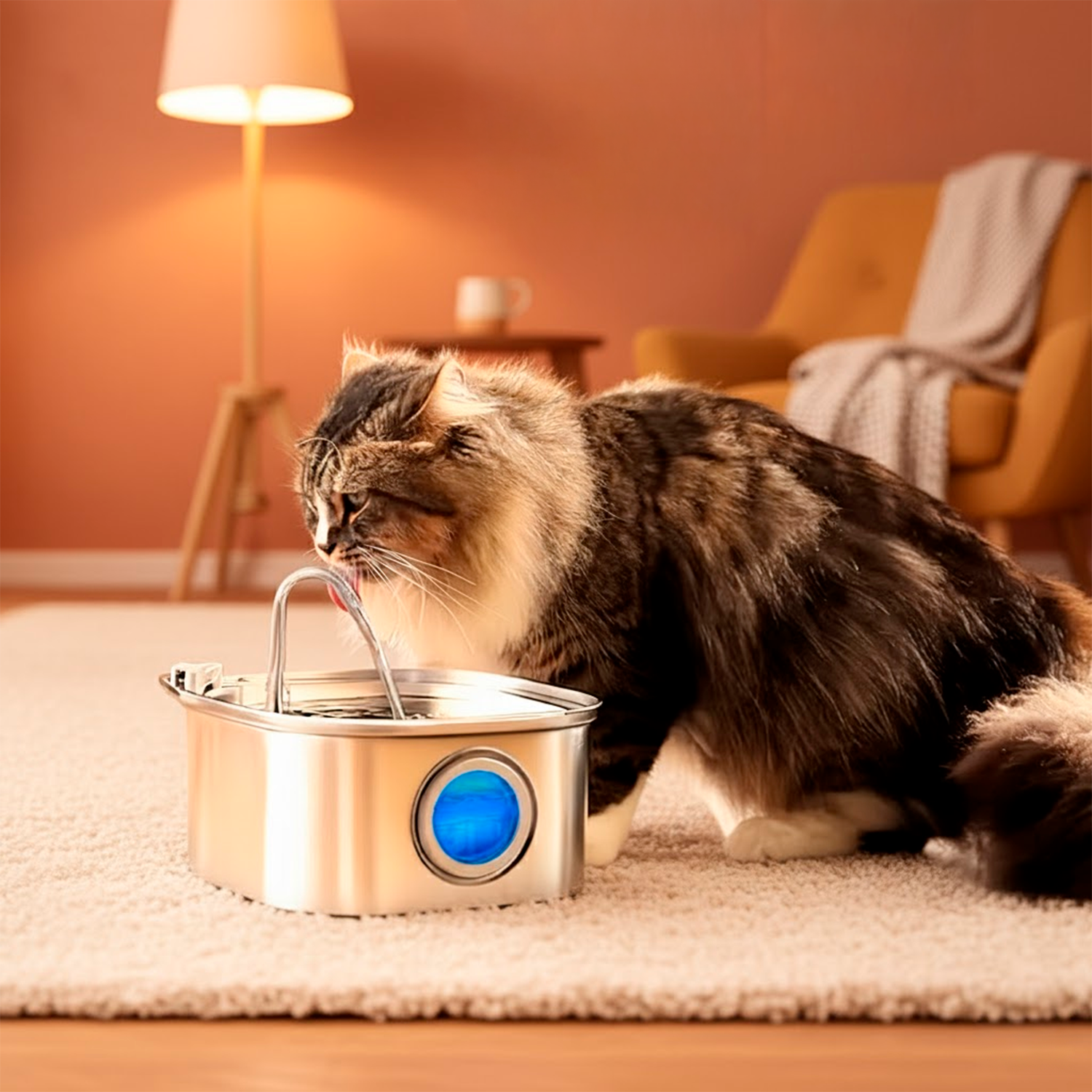 Cat drinking water from a modern pet fountain in a cozy living room.